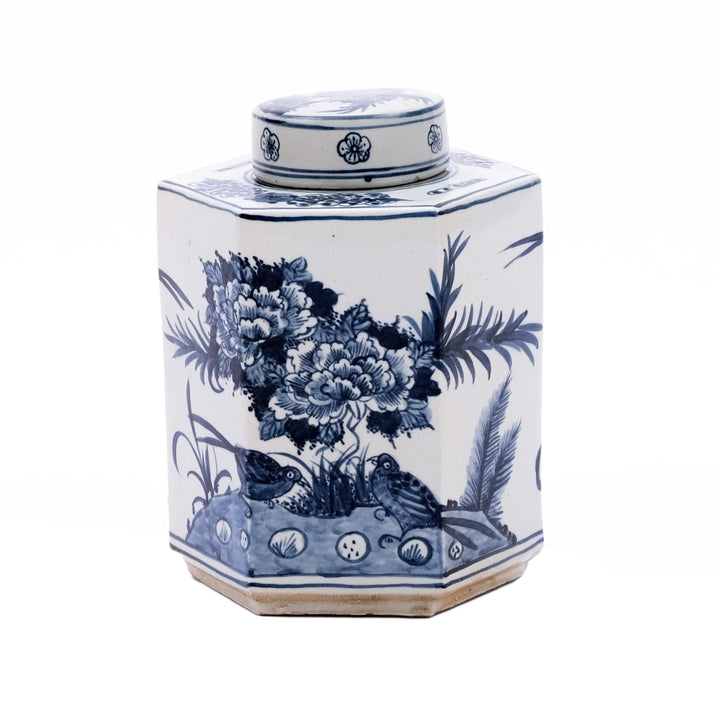 B&W Hexagonal Flower Bird Tea Jar