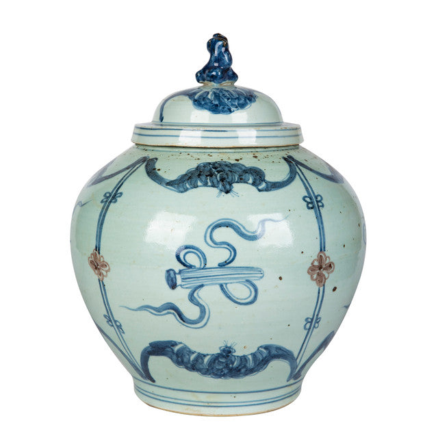 B&W Underglaze Red Symbol Lion Lid Jar