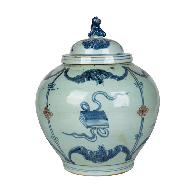 B&W Underglaze Red Symbol Lion Lid Jar