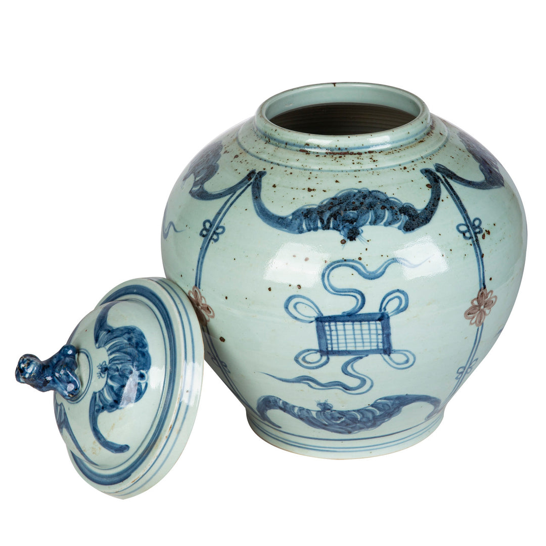 B&W Underglaze Red Symbol Lion Lid Jar