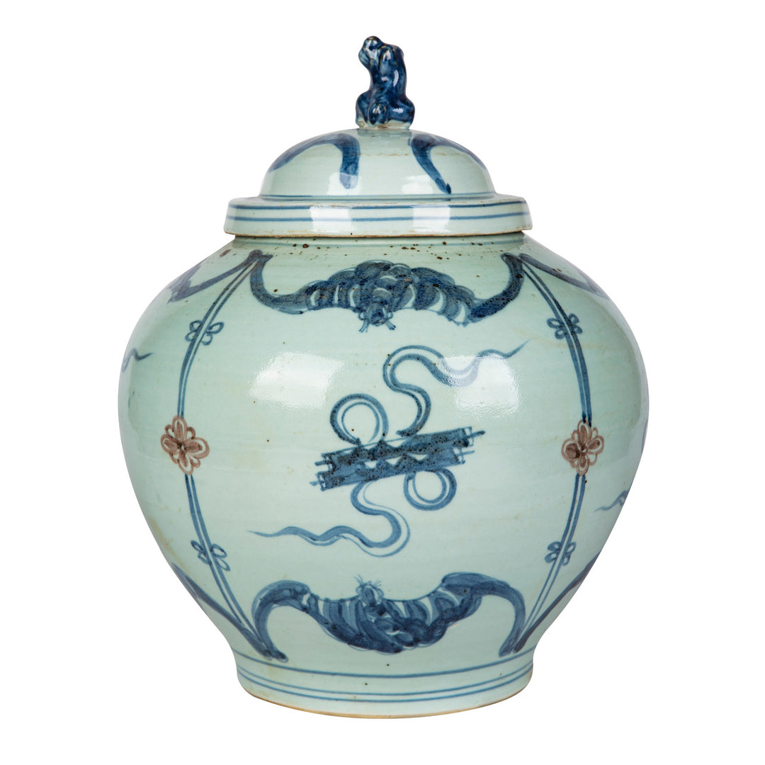 B&W Underglaze Red Symbol Lion Lid Jar
