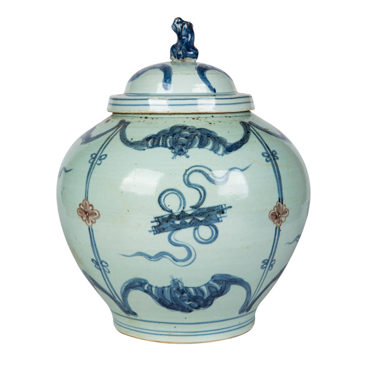 B&W Underglaze Red Symbol Lion Lid Jar
