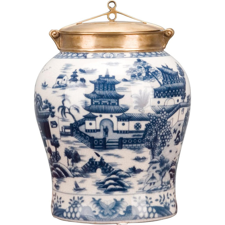 B&W Blue Willow Jar with Bronze Lid