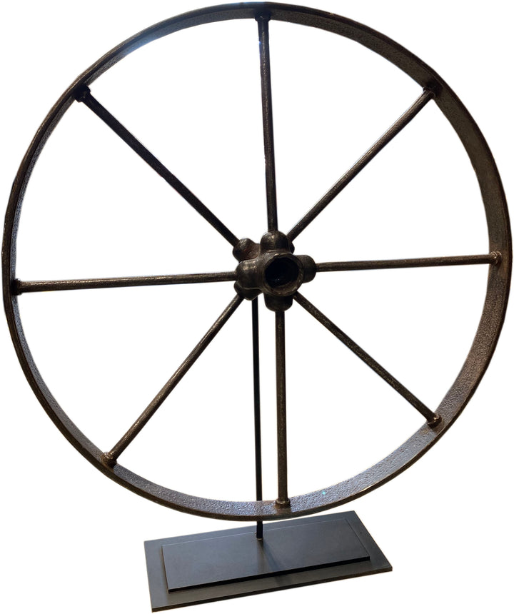 Antique Iron Wagon Wheel on Stand