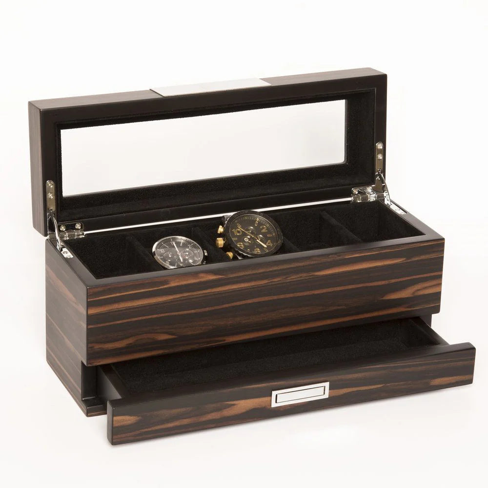 Matte Ebony 5-Slopt Watch Holder with Jewelry Tray