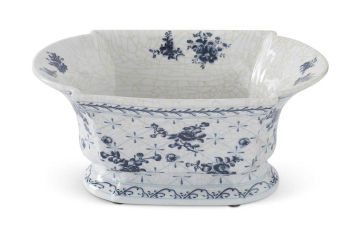 Blue & White Floral Oval Fluted Bowl