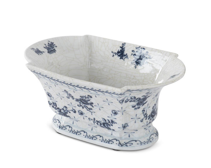 Blue & White Floral Oval Fluted Bowl