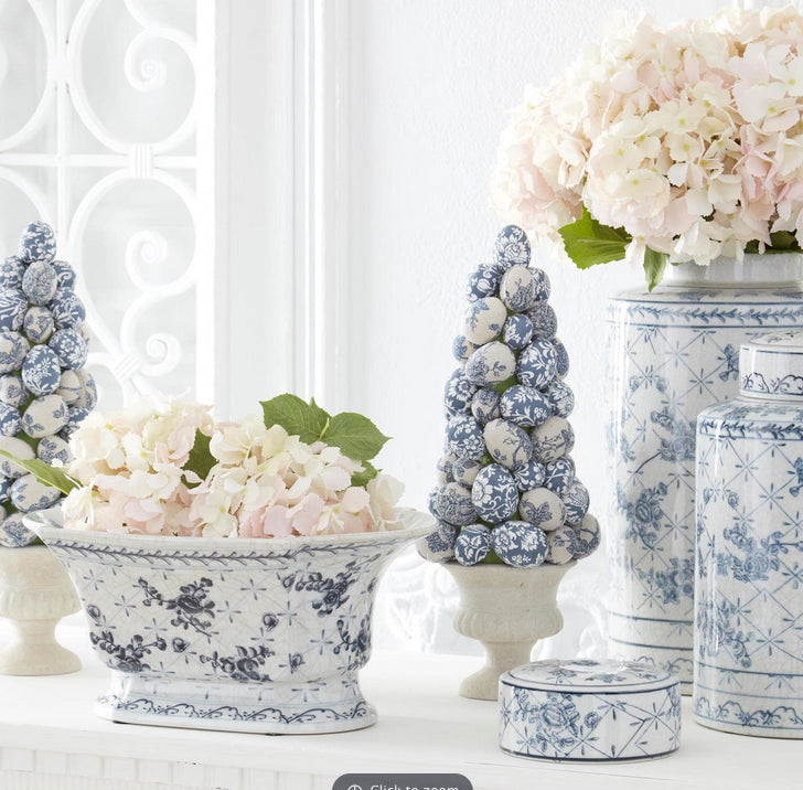 Blue & White Floral Oval Fluted Bowl