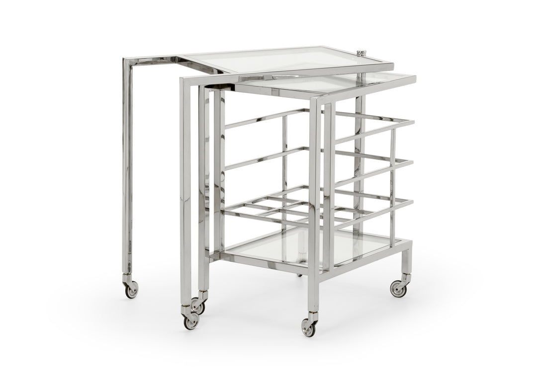 Polished Nickel Swivel Bar Cart with Casters
