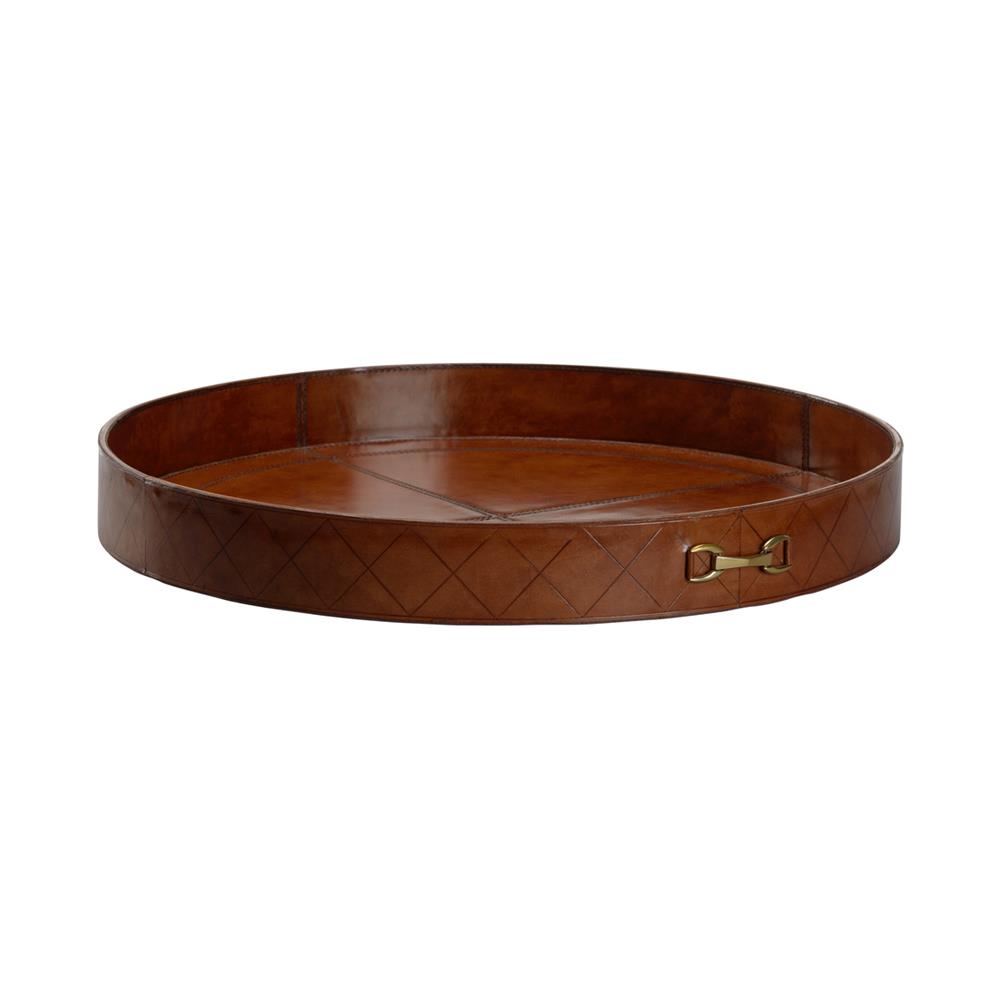 Brown Leather Round Tray with Horsebit Detail