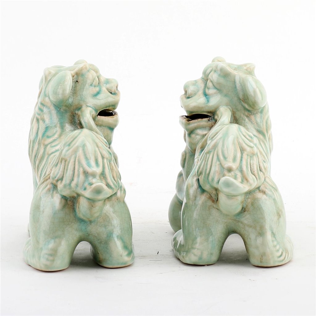Lucky Celadon Foo Dogs, Pair
