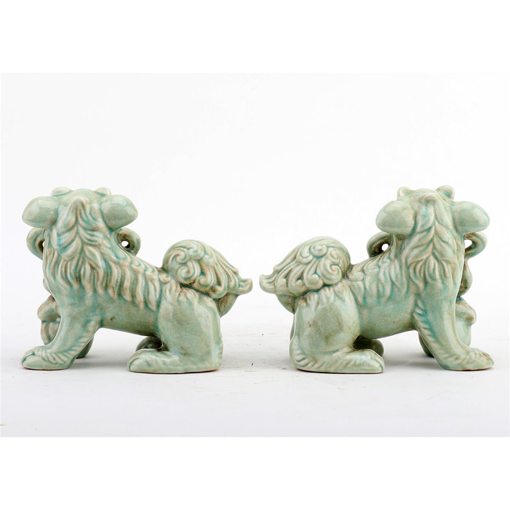 Lucky Celadon Foo Dogs, Pair