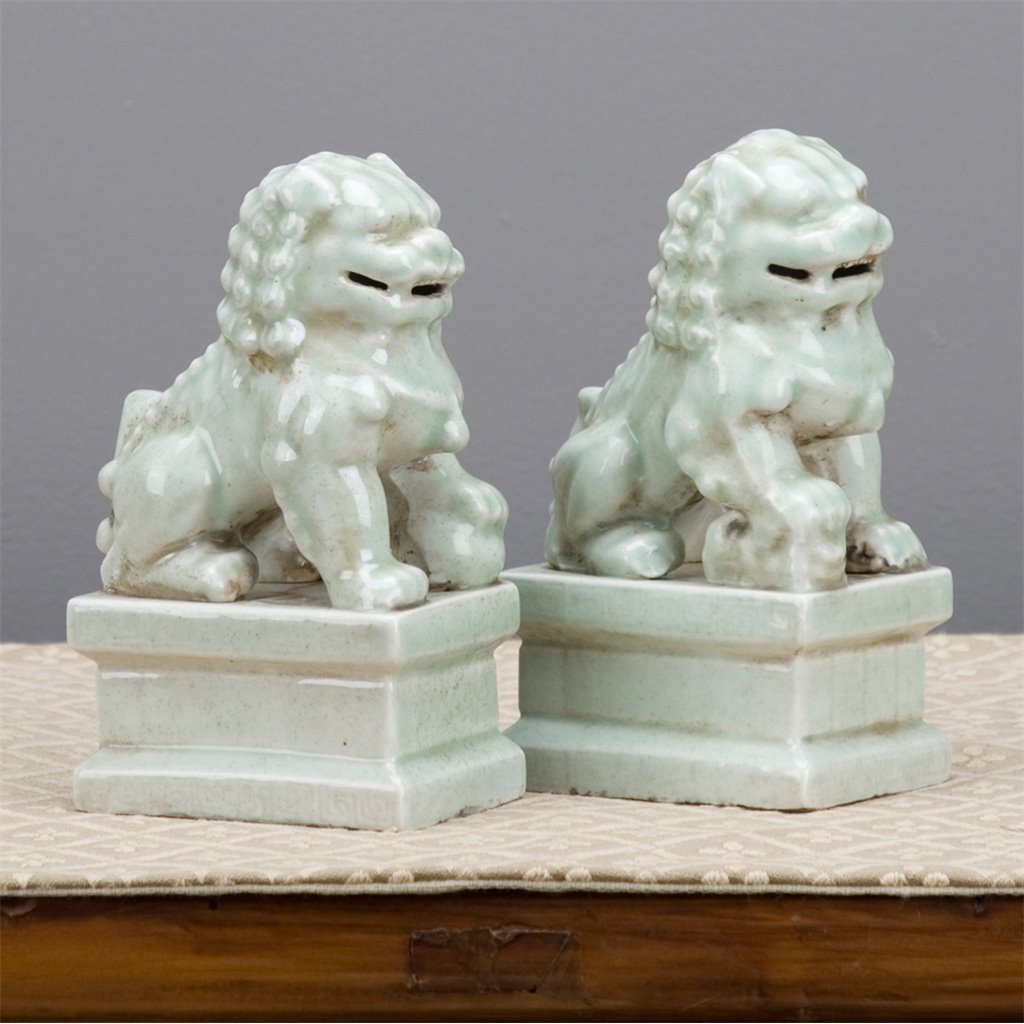 Pair of Celadon Foo Dogs