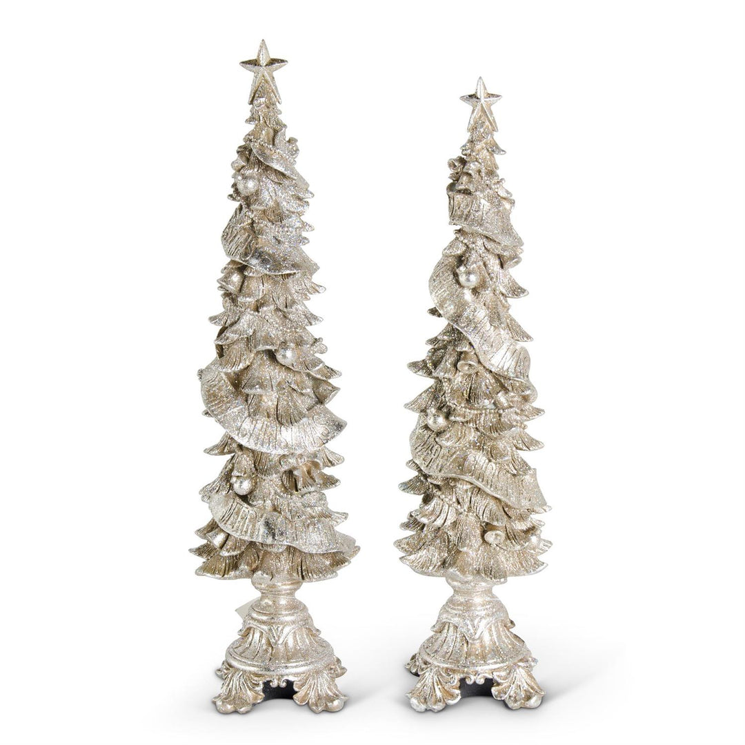Glittered Champagne Pedestal Christmas Trees - Set of 2
