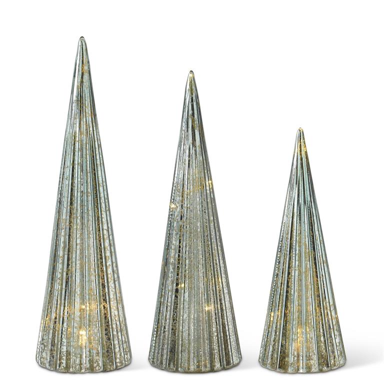 Sage Green Mercury Glass LED Trees, Set of 3