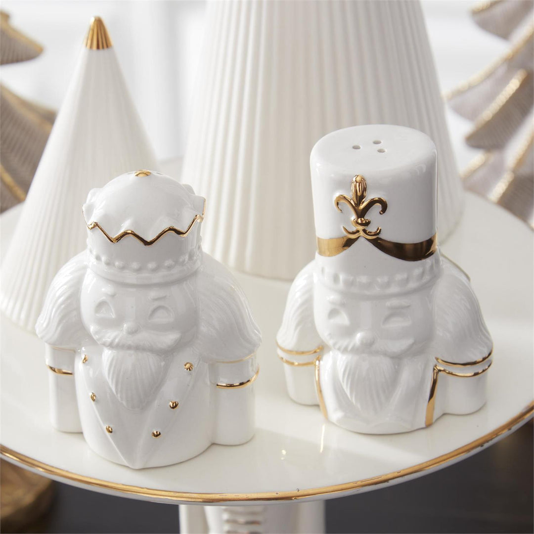 White Nutcracker Salt & Pepper Shakers with Gold Accents – Set of 2