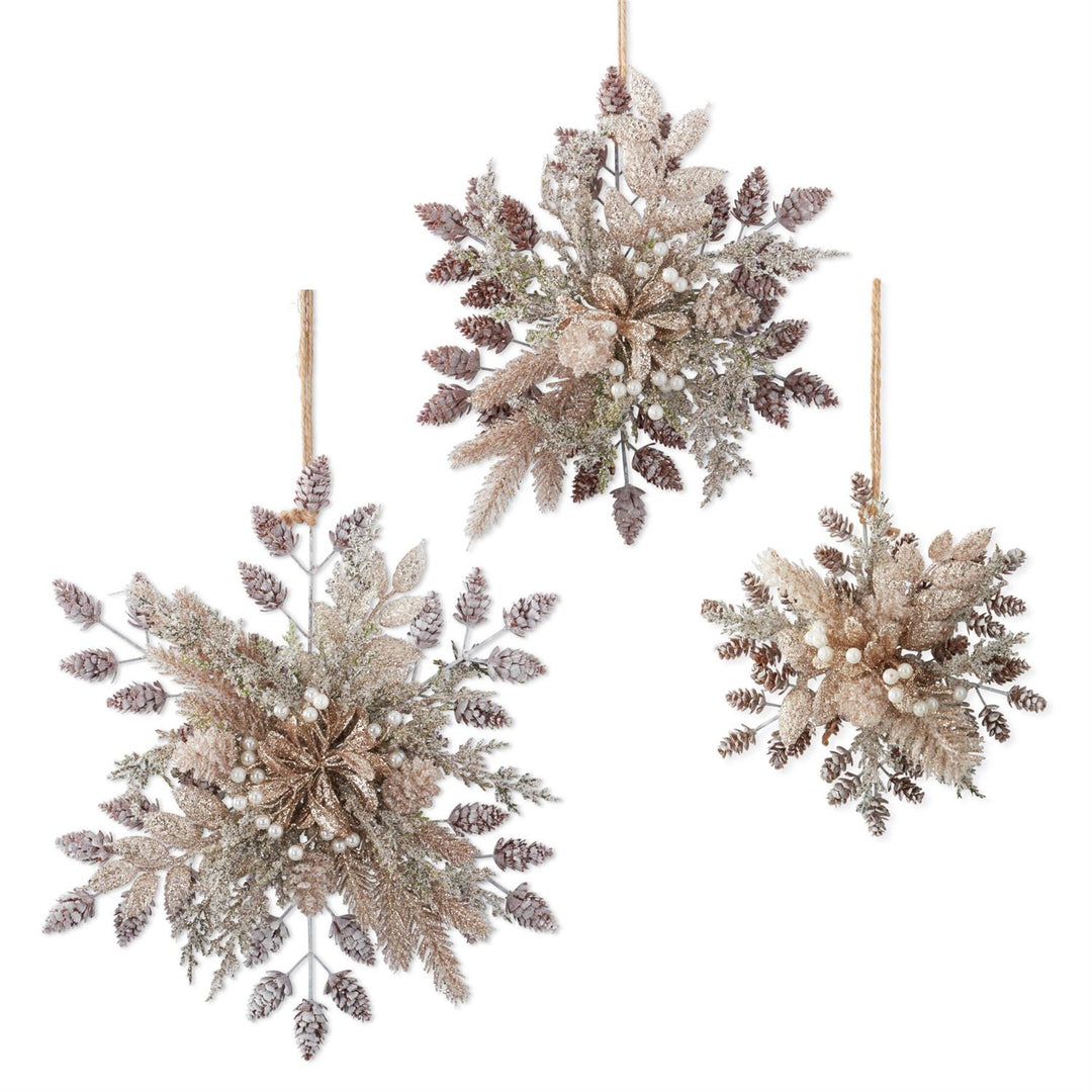 Glittered Snowflake Ornaments with Leaves, Berries & Pinecones