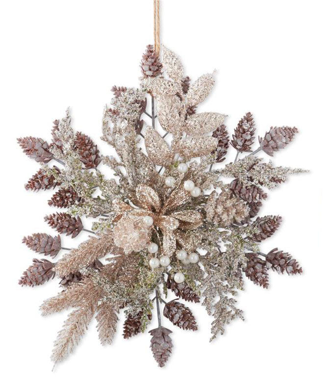 Glittered Snowflake Ornaments with Leaves, Berries & Pinecones