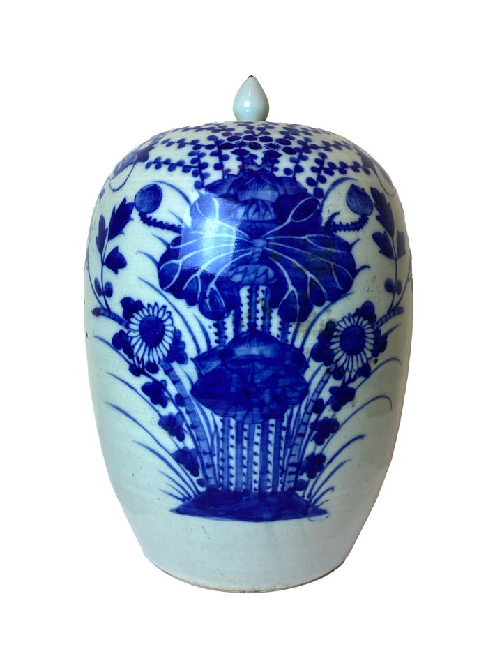 Chinese Mid-Qing Dynasty Celadon B&W Lidded Jar