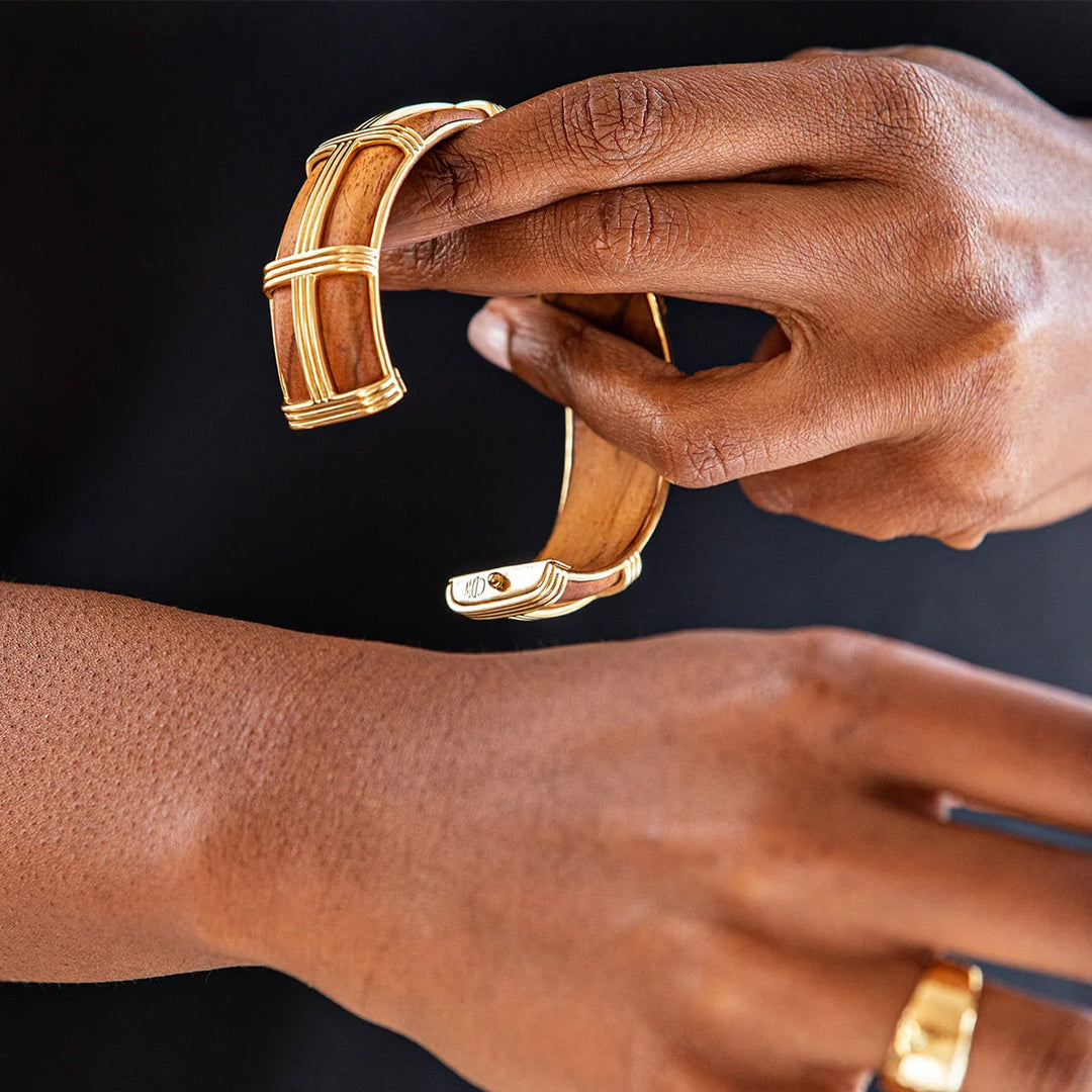 Gaia Hinged Bangle in Gold and Teak