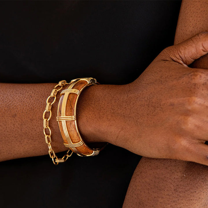 Gaia Hinged Bangle in Gold and Teak