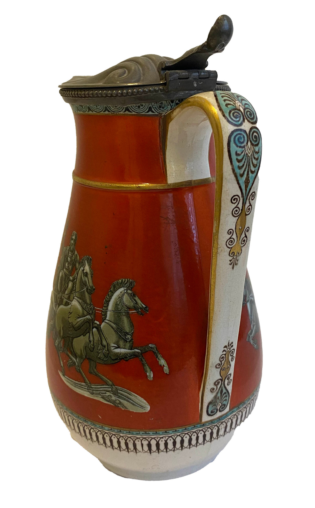 Antique English Ceramic Pitcher with Pewter Lid – Circa 1876