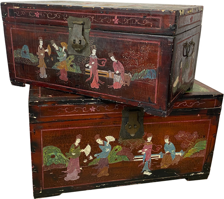 Vintage Hand-Painted Asian Trunk Set – Set of 3