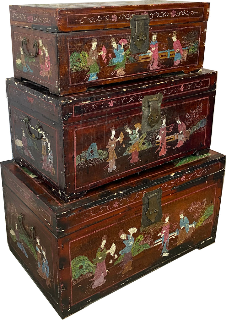 Vintage Hand-Painted Asian Trunk Set – Set of 3