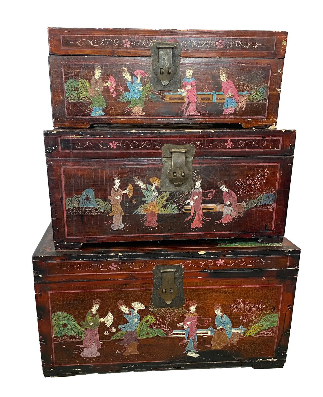 Vintage Hand-Painted Asian Trunk Set – Set of 3