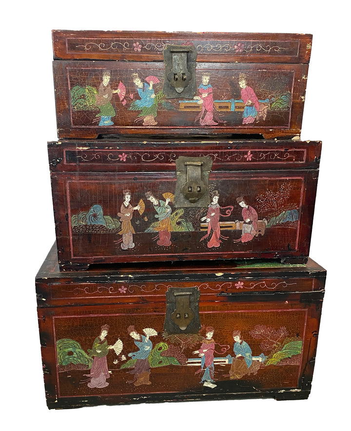 Vintage Hand-Painted Asian Trunk Set – Set of 3
