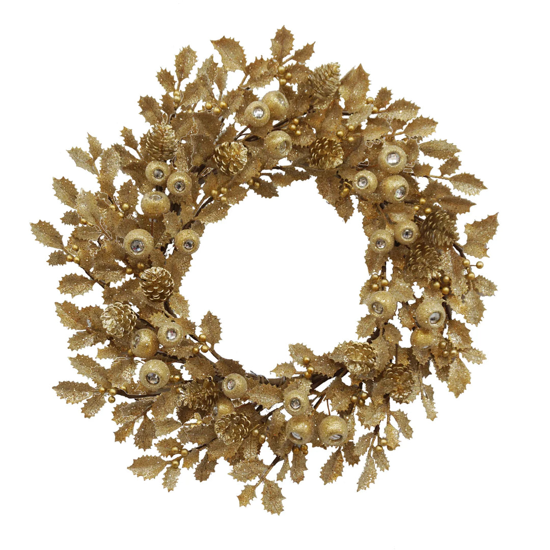 Gold Holly Leaf Wreath with Pods – 22" Diameter