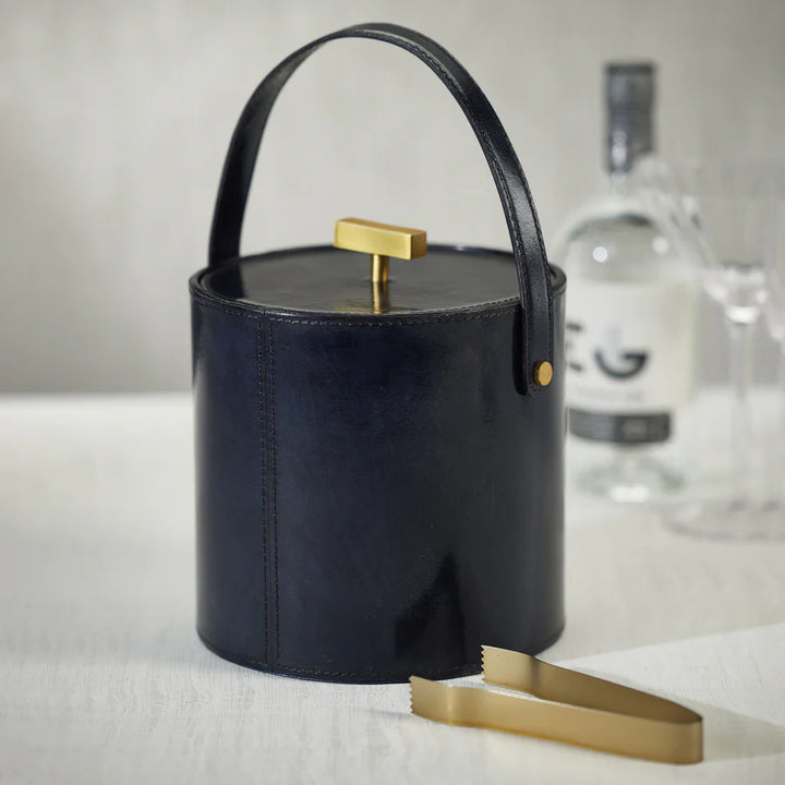 Savoy Blue Leather Ice Bucket with Tongs
