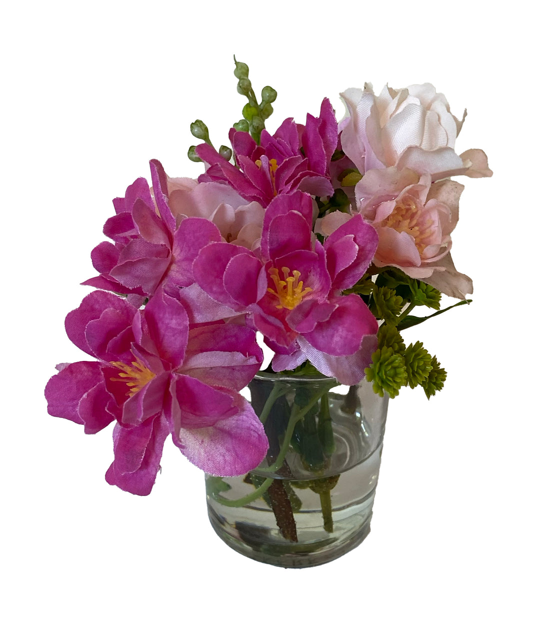 Silk Wild Rose Blossom Arrangement in 2" Glass Vase