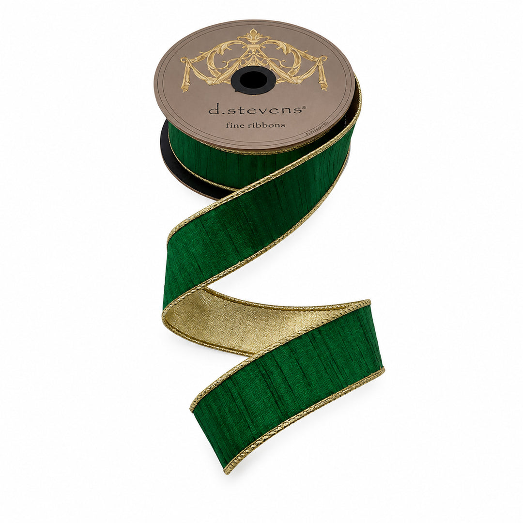 Emerald Green Slub Dupion Ribbon with Metallic Gold Back – 1½" x 10 Yards