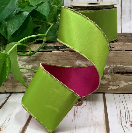 Double-Sided Taffeta Ribbon in Apple Green and Hot Pink – 2½" x 10 Yards