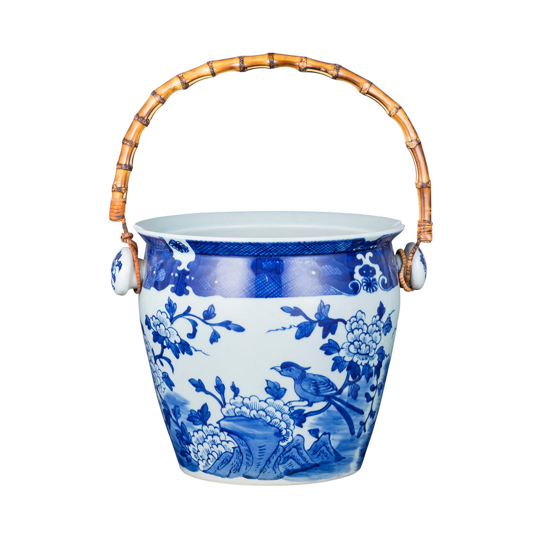 Porcelain Bird Floral Wine Bucket With Bamboo Handle