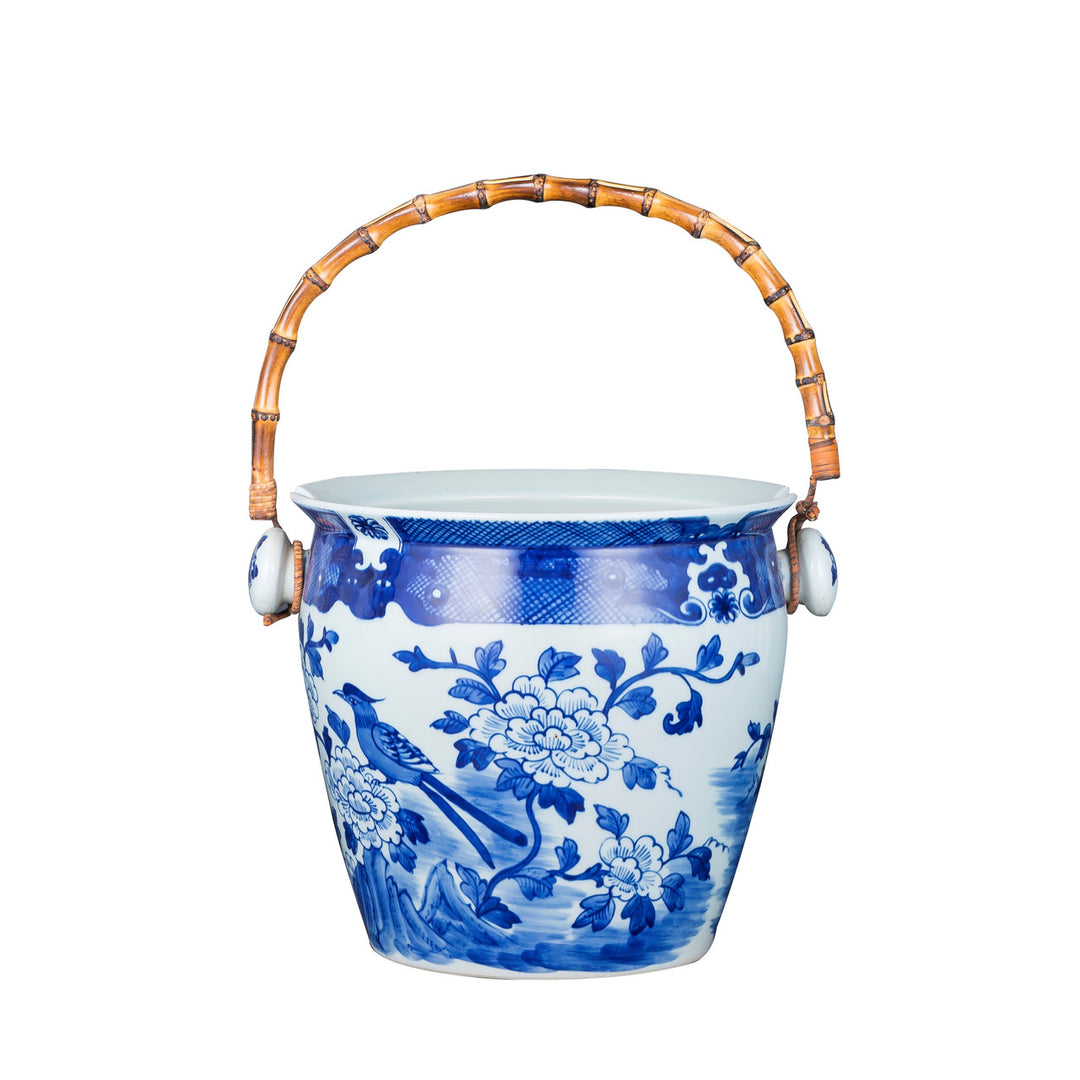 Porcelain Bird Floral Wine Bucket With Bamboo Handle