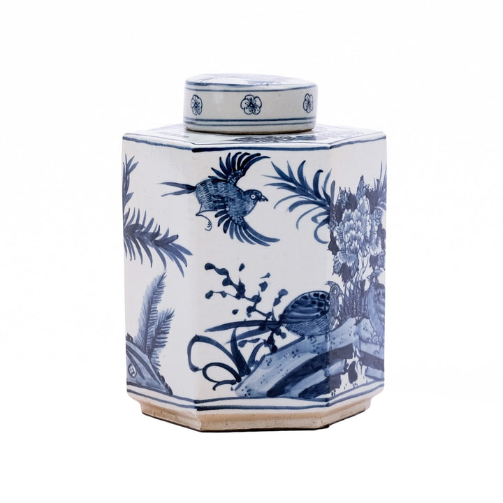 B&W Hexagonal Flower Bird Tea Jar