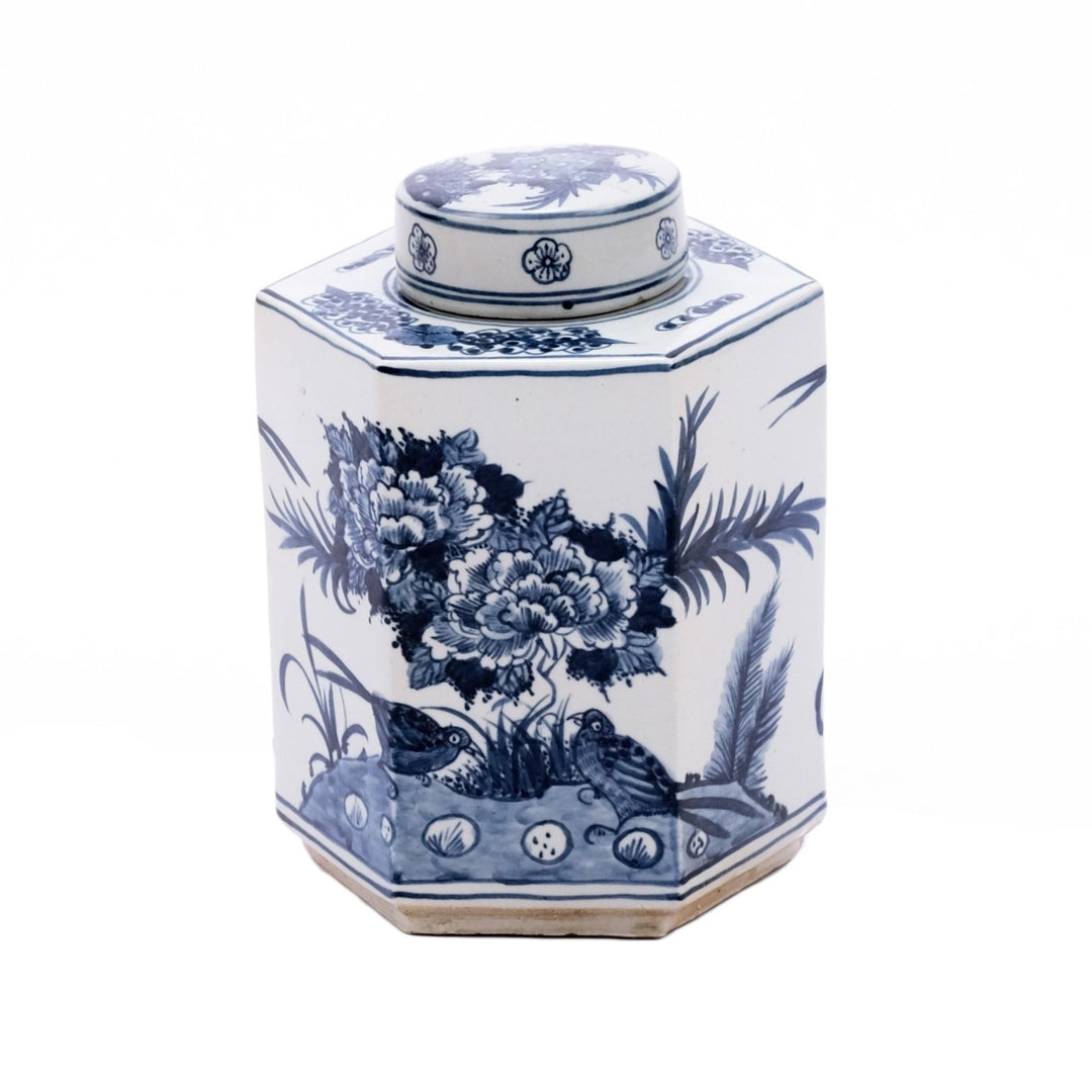 B&W Hexagonal Flower Bird Tea Jar