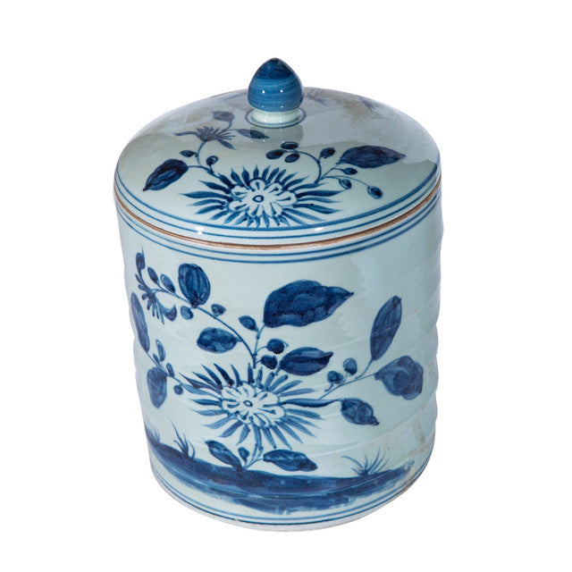 Blue White Leaf Petal Ribbed Tea Jar