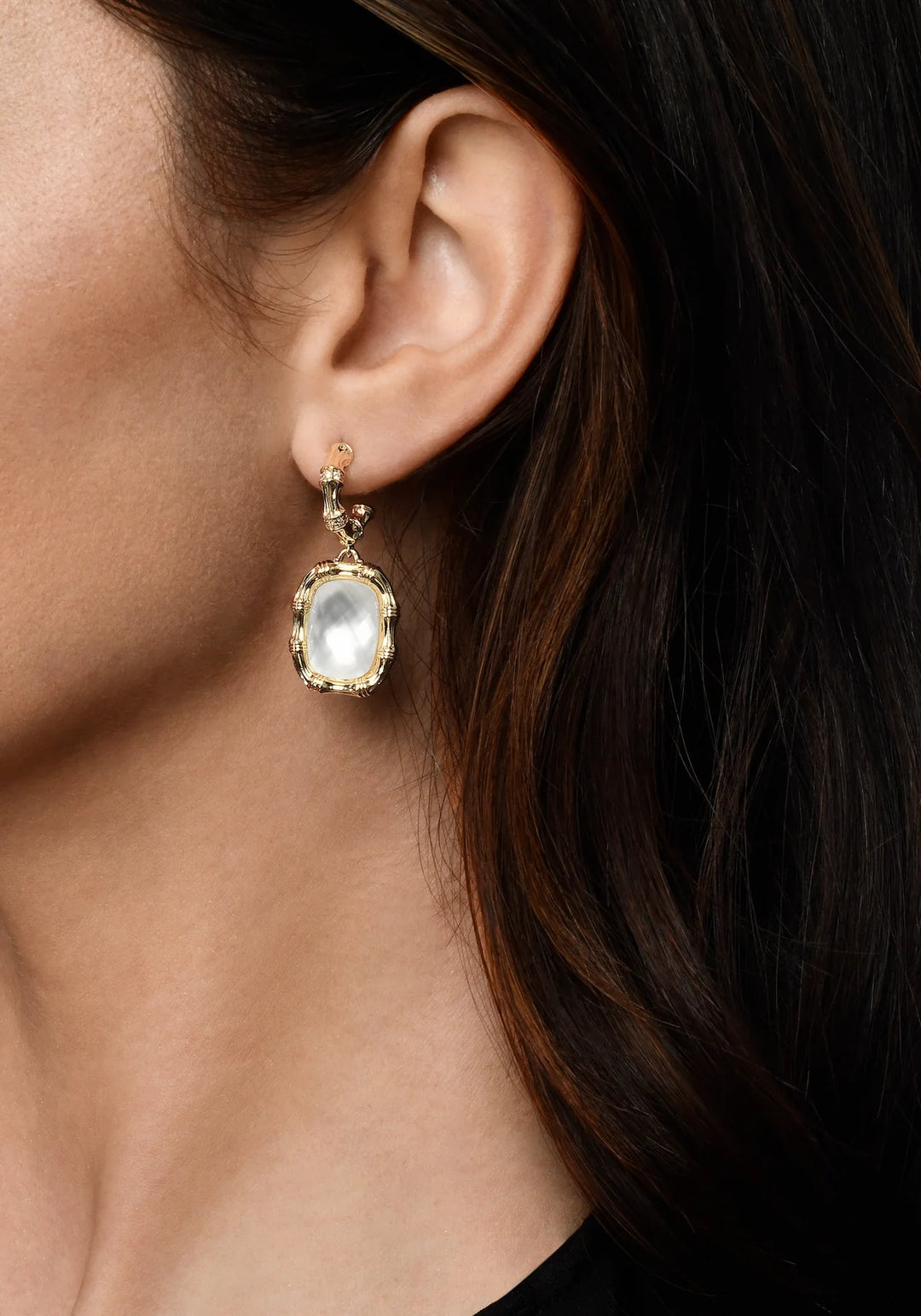 Bamboo with Stone Drop Earrings - Mother of Pearl