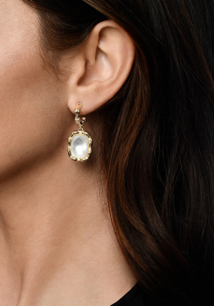 Bamboo with Stone Drop Earrings - Mother of Pearl