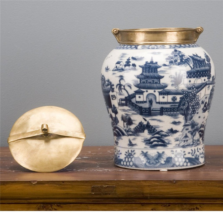 B&W Blue Willow Jar with Bronze Lid