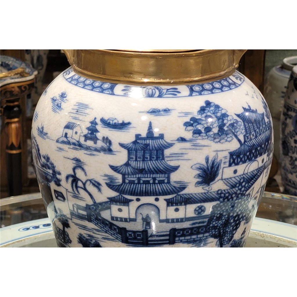 B&W Blue Willow Jar with Bronze Lid