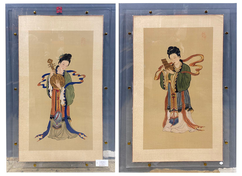 Pair of Antique Japanese Geisha Girls Playing Music