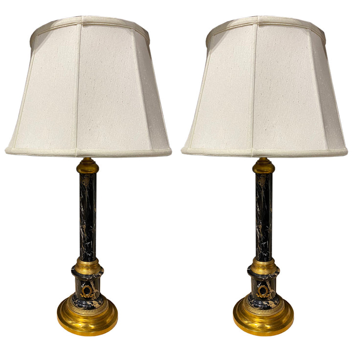 Pair of Corinthian Column Marble and Brass Lamps