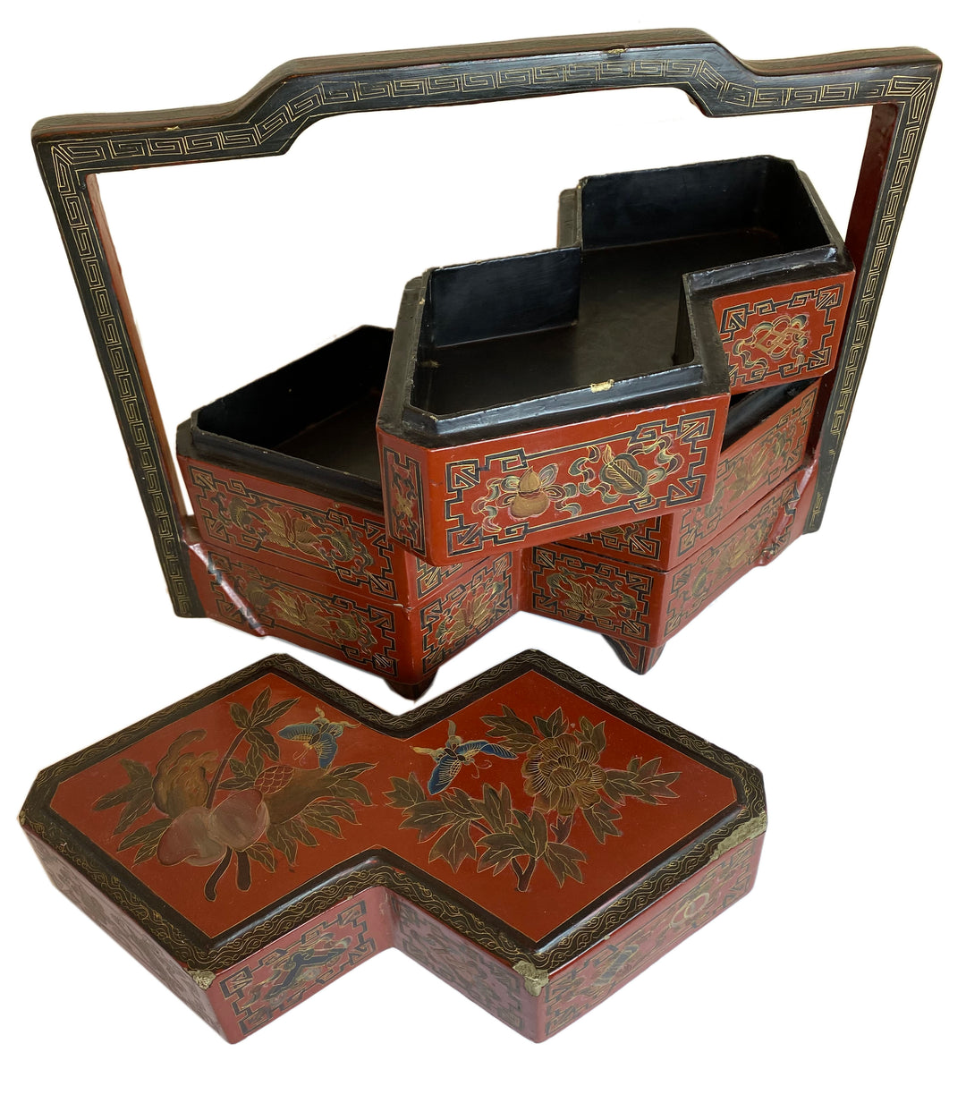 19th Century Chinese Red Lacquered Wedding Dowry Stacking Boxes