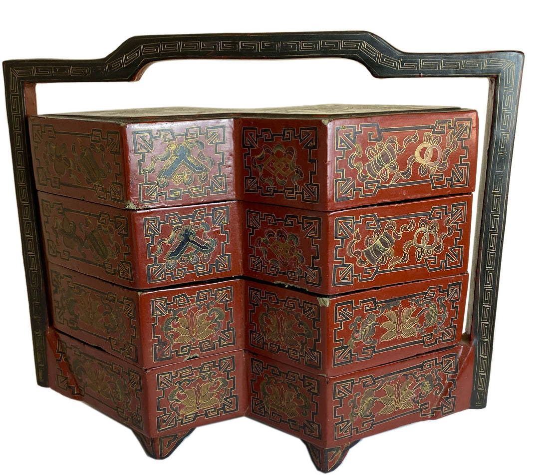 19th Century Chinese Red Lacquered Wedding Dowry Stacking Boxes