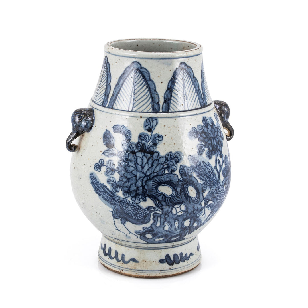 B&W Pheasant Flower Jar with Elephant Handle