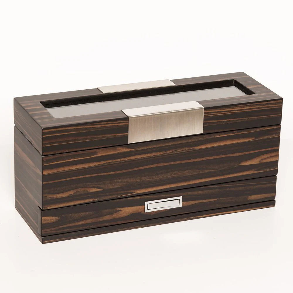 Matte Ebony 5-Slopt Watch Holder with Jewelry Tray